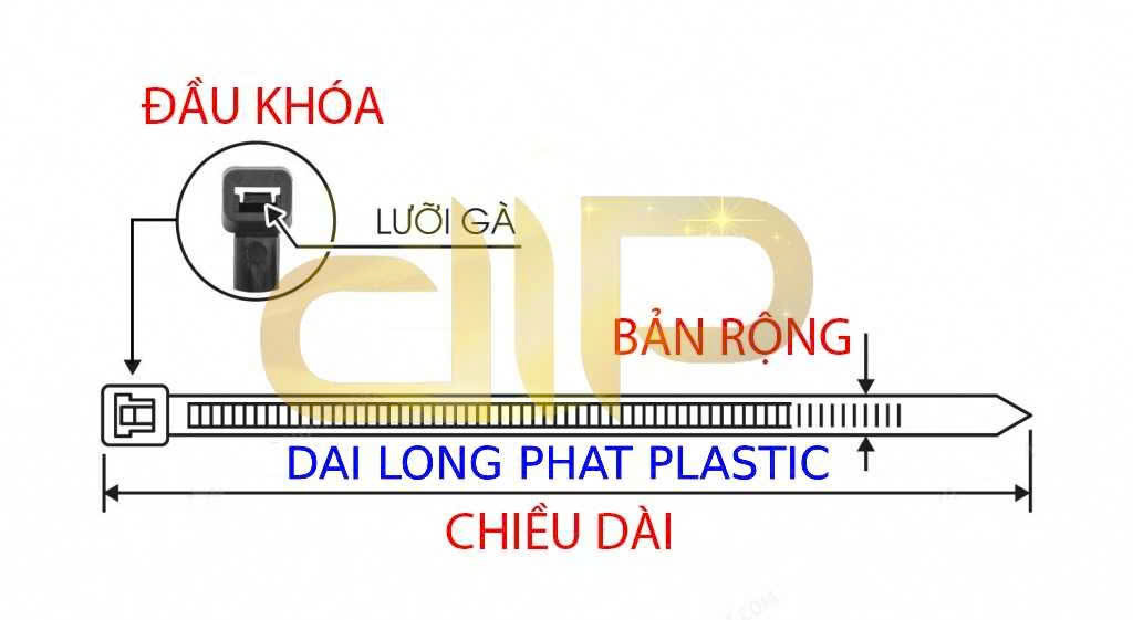 Hình ảnh quy cách dây rút nhựa Đại Long Phát với thông số chiều dài và chiều rộng